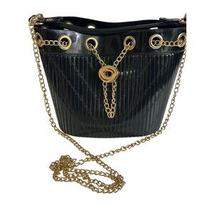 Women's Black Rubber Plasy Gold-Tone Shoulder Chain Strap Bucket Bag One Size